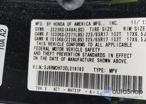 2014 Honda Cr-V Ex-L z USA, uszkodzony, nr VIN 5J6RM3H73EL016160